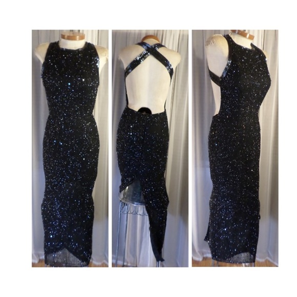 Long Black Silk M Formal Gown Dress Vintage Beaded - Picture 1 of 8